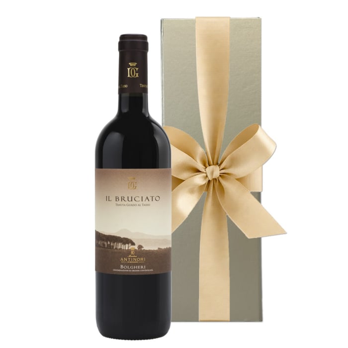 Il Bruciato by Guado al Tasso Bolgheri red wine in gold luxury gift box with ribbon