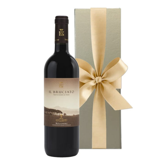 Il Bruciato by Guado al Tasso Bolgheri red wine in gold luxury gift box with ribbon