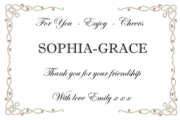 Thank you Champagne label with a fine vine and Celtic knot frame and 'For You – Enjoy – Cheers'
