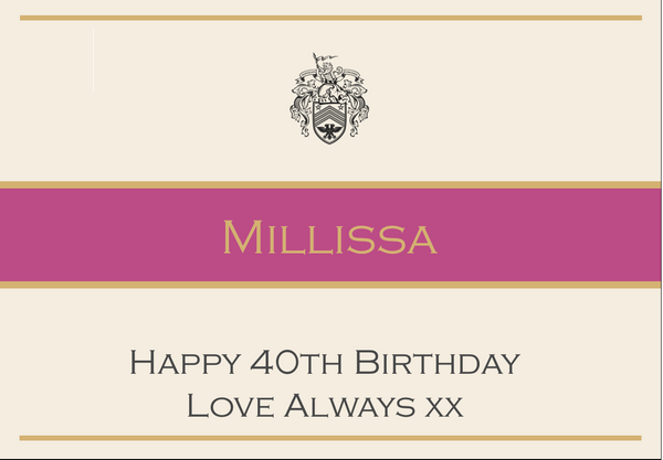 Stately 40th birthday Champagne label with a classic crest, a rich pink band and 'Happy 40th Birthday'