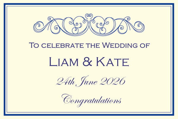 Timeless wedding Champagne label in cream with a navy scroll frame and 'To Celebrate the Wedding Of'