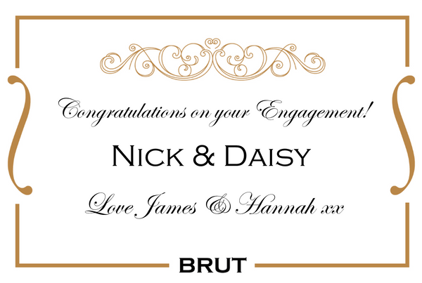 Personalised engagement champagne label, white with gold scroll frame, 'Congratulations on your Engagement!' and BRUT