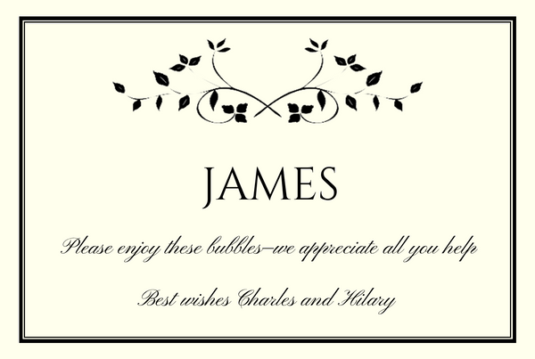 Personalised Champagne label in cream with a black leaf scroll and black frame – understated and elegant