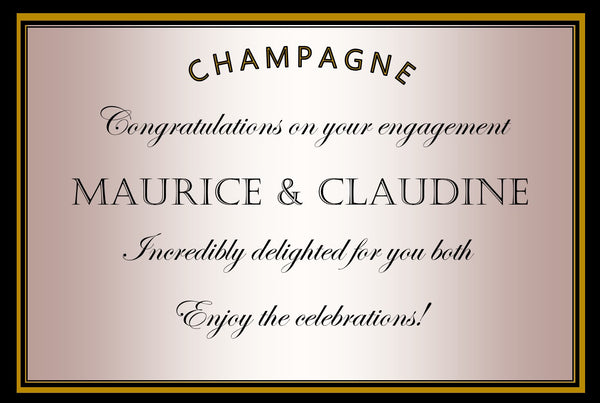 Rose gold engagement Champagne label with a gold and black frame and 'Congratulations on your engagement'