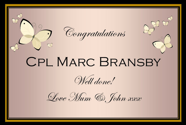 Rose gold Congratulations Champagne label with golden butterflies inside a black and gold frame