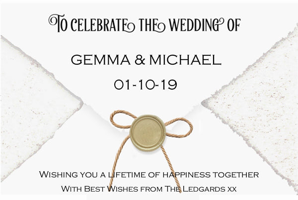 Wedding Champagne label like a vintage envelope, sealed with a gold wax seal and twine bow, names and date