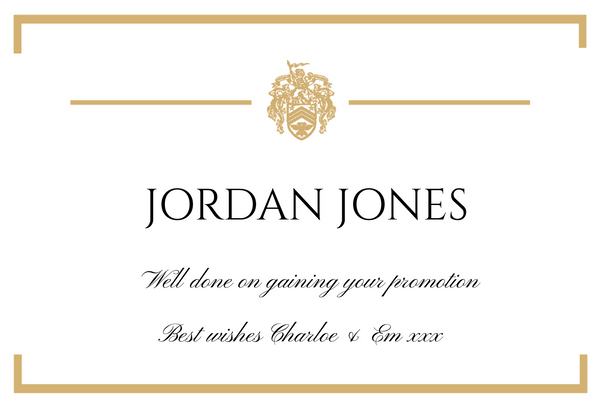 Refined personalised Champagne label with a gold crest, fine gold rules and the name in classic capitals