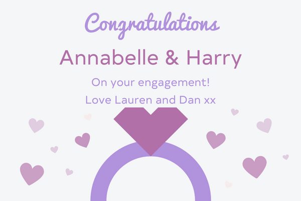Personalised champagne label with a lavender engagement ring, hearts and Congratulations heading
