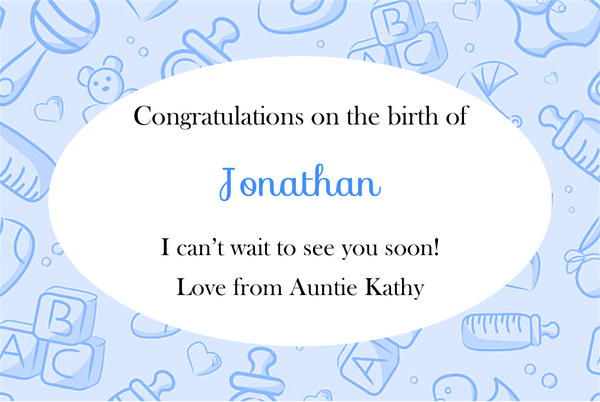 New baby Champagne label in pale blue with teddies and baby toys around a white oval for the name and date