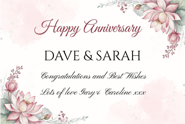 Happy Anniversary Champagne label with soft watercolour lotus flowers in blush pink and the couple's names