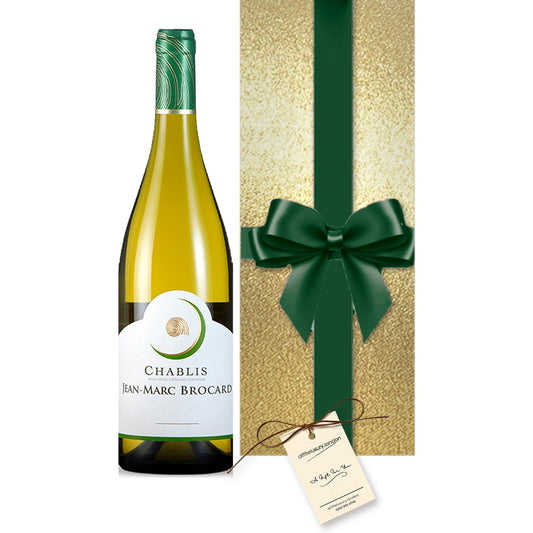 Jean-Marc Brocard Chablis hand gift-wrapped in Classic Gold wrap with an A Little Luxury gift tag
