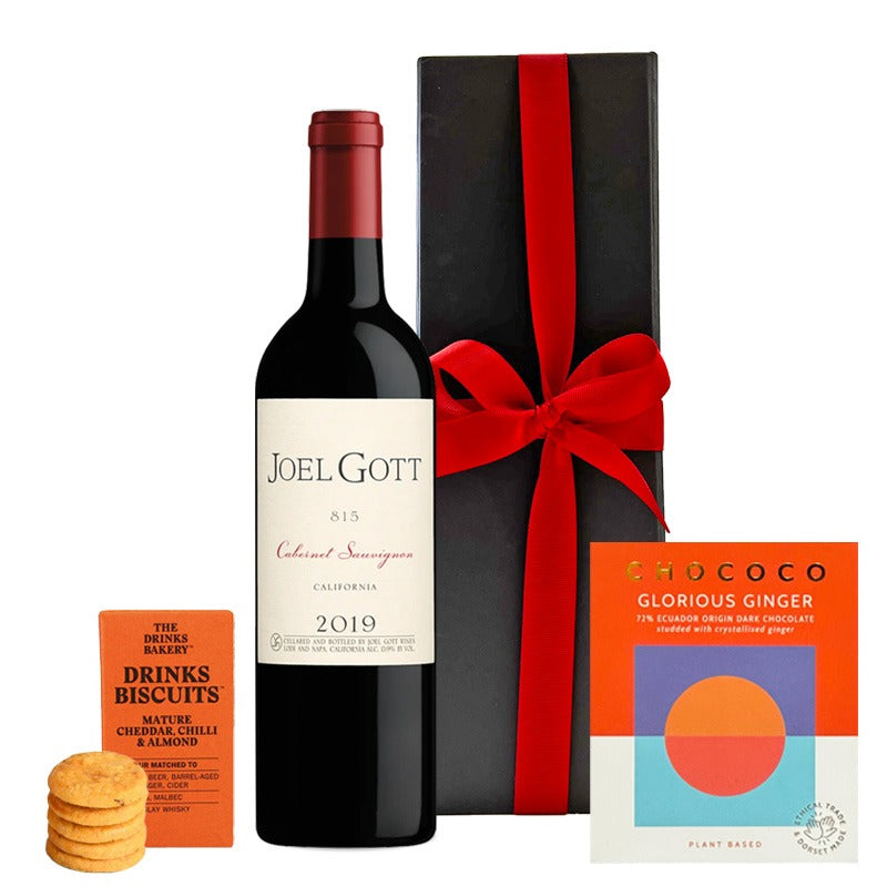 Personalised Joel Gott 815 Cabernet Sauvignon with savoury drinks biscuits and ginger studded chocolate in a black gift box