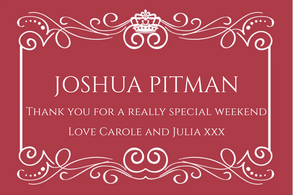 Crimson Thank You Champagne label with a crown and ornate white scrolls – a truly special thank you