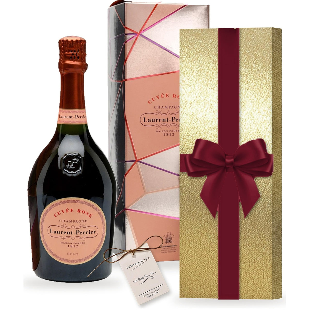 Laurent-Perrier Cuvée Rosé Champagne with its Laurent-Perrier box and a gift hand-wrapped in Classic Gold wrap