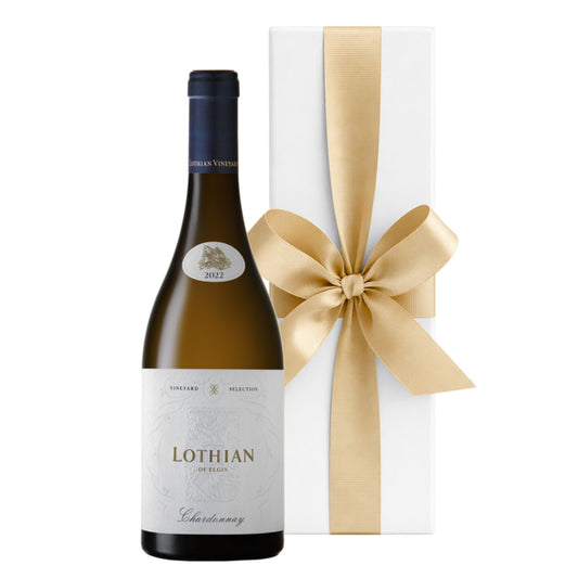 Lothian Vineyards Elgin Chardonnay in a white gift box with ribbon