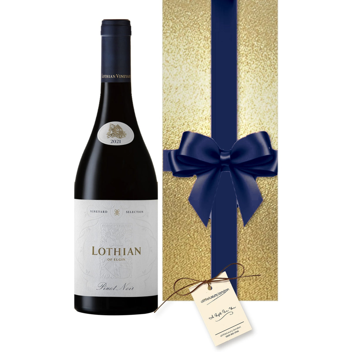 Lothian Vineyards Elgin Pinot Noir hand gift-wrapped in Classic Gold wrap with an A Little Luxury gift tag