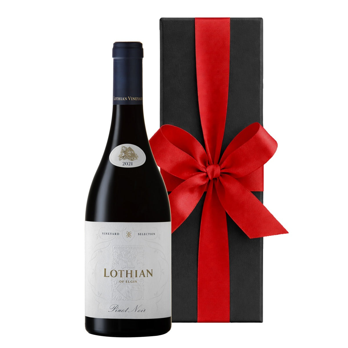 Lothian Vineyards Elgin Pinot Noir from South Africa in a luxury black gift box with hand-tied ribbon