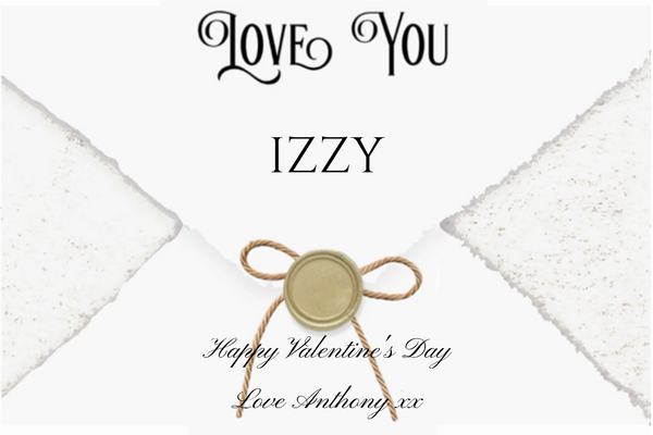 'Love You' Champagne label styled as a white envelope, sealed with gold wax and twine, with a script message