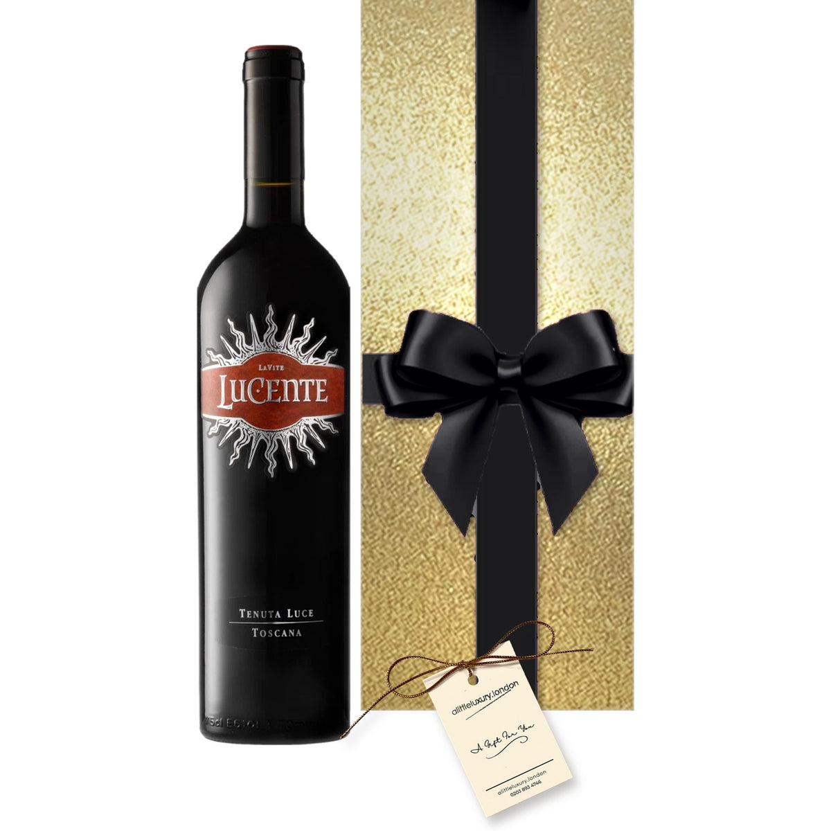 Lucente by Tenuta Luce hand gift-wrapped in Classic Gold wrap with an A Little Luxury gift tag