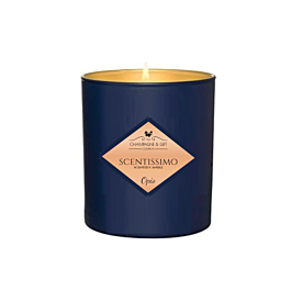 Amber and Sandalwood personalised candle with gold interior in blue glass