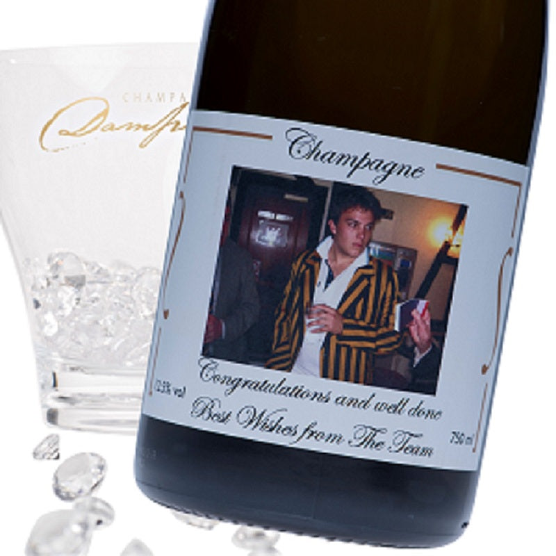 Personalised for a graduation gift with name and message. Classic Cuvée Champagne bottle and label.