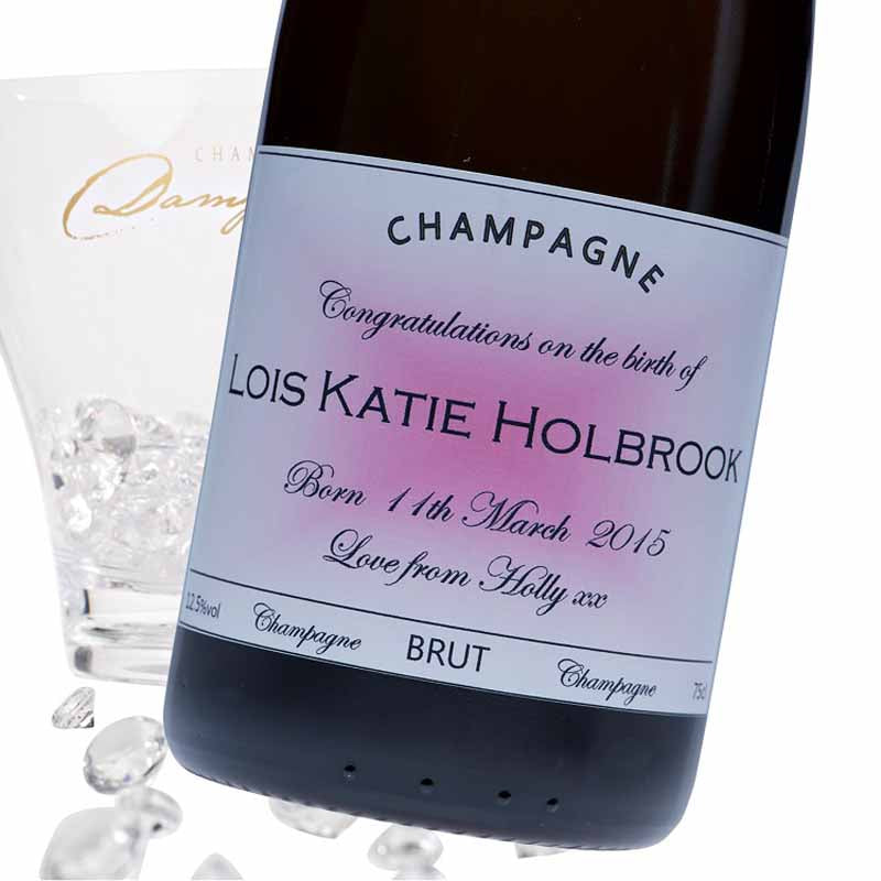 Personalised for a graduation gift with name and message. A further view of the personalised Champagne label.
