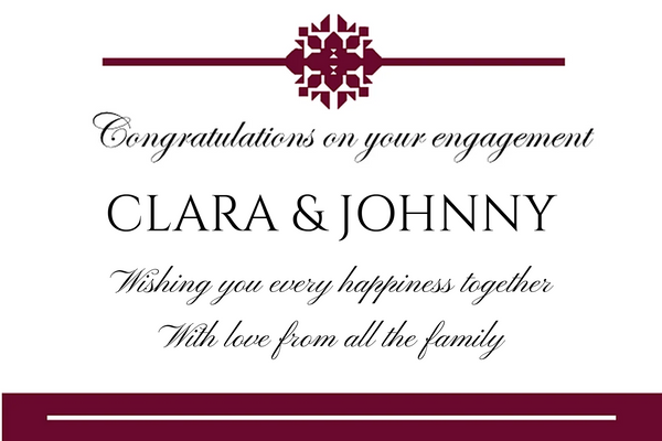 Engagement Champagne label with a deep maroon motif and band, the couple's names and a loving script message