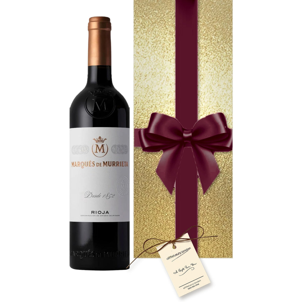 Marqués de Murrieta Rioja Reserva hand gift-wrapped in Classic Gold wrap with an A Little Luxury gift tag