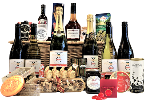 Marylebone Merrymaker wicker hamper with branded Champagne, Prosecco, four wines, Courvoisier brandy and festive treats