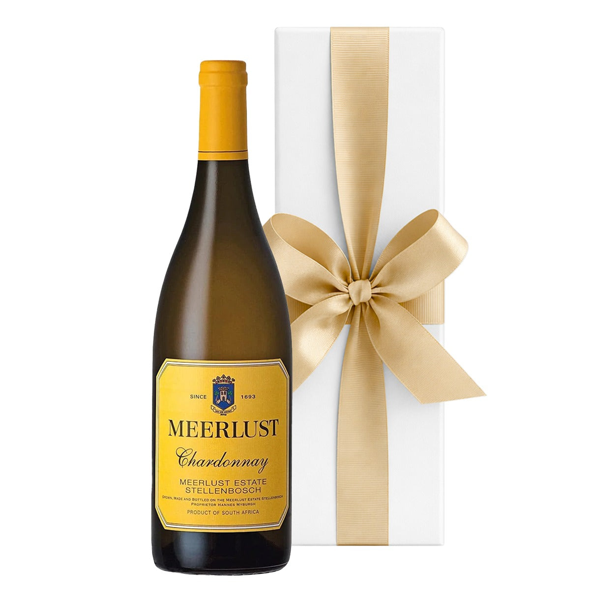 Meerlust Estate Stellenbosch Chardonnay in a luxury white gift box with hand-tied ribbon