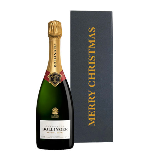 Bollinger Special Cuvée Champagne in an exclusive black Merry Christmas gift box with large hand-tied ribbon