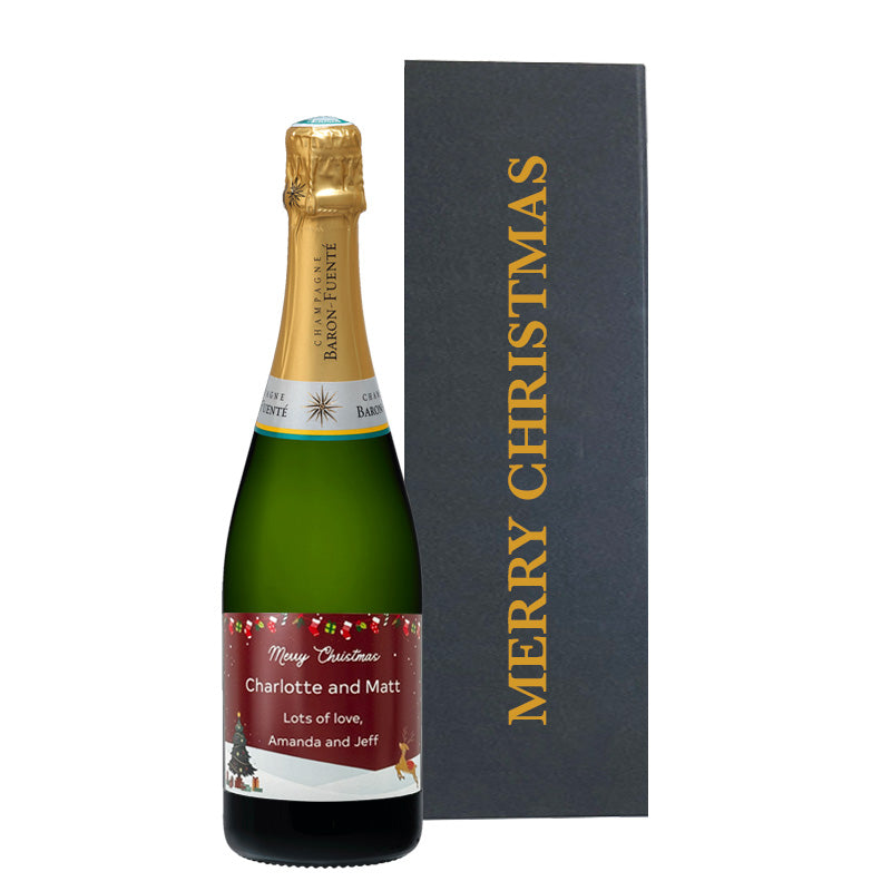 Personalised Classic Cuvée Champagne in an exclusive black Merry Christmas gift box with large ribbon and message card