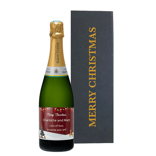 Personalised Classic Cuvée Champagne in an exclusive black Merry Christmas gift box with large ribbon and message card