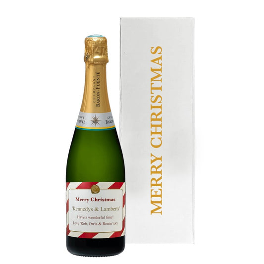 Personalised Classic Cuvée Champagne in an exclusive white Merry Christmas gift box with large ribbon and message card