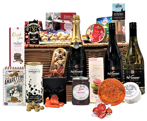 Merry Christmas deluxe wicker hamper with branded Champagne, red and white wine, panettone, macarons and festive treats