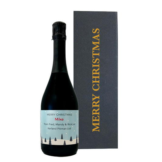 Personalised Prosecco with festive label in a luxury black Merry Christmas gift box with large hand-tied ribbon