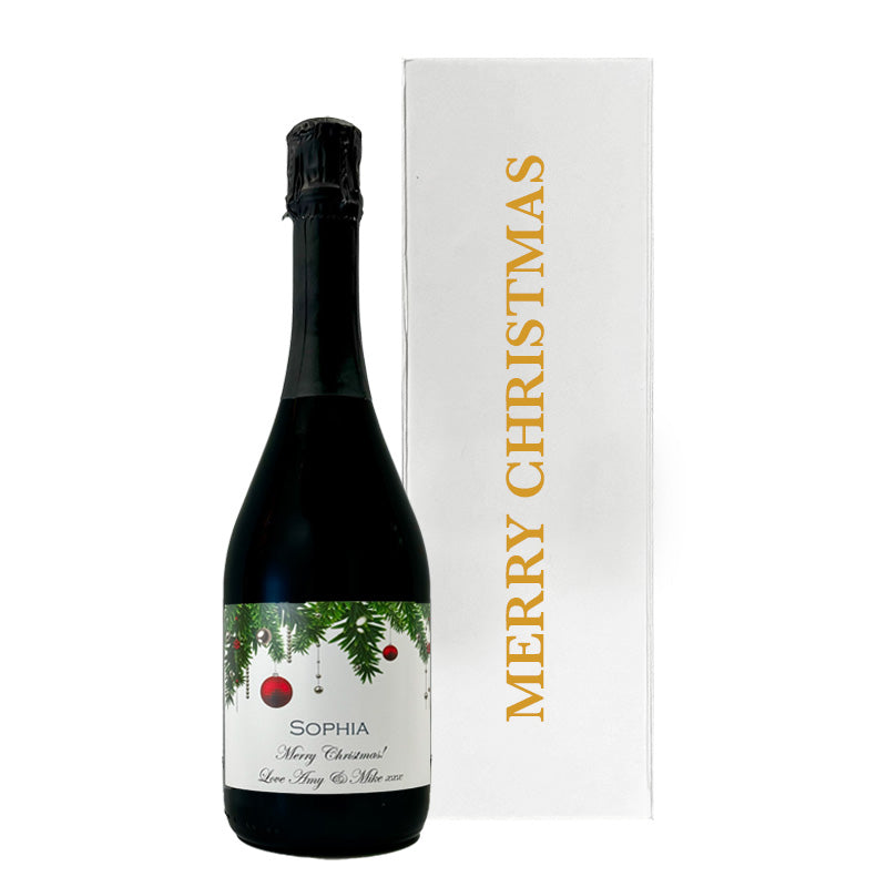 Personalised Prosecco with festive label in a luxury white Merry Christmas gift box with large hand-tied ribbon