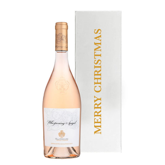 Whispering Angel Provence rosé in a luxury white Merry Christmas gift box with hand-tied ribbon
