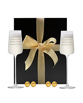Pair of personalised LSA champagne flutes with Swiss truffles in black gift box