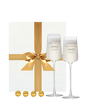 Pair of personalised LSA champagne flutes with Swiss truffles in white gift box
