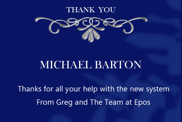 Personalised Champagne Label saying Thank you and showing name and message. Label is navy blue with white writing
