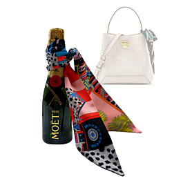 Mini Moet Champagne Wrapped with Silky Furoshiki Handbag Scarf