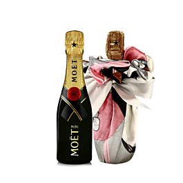 Mini Moet Champagne Wrapped with Silky Furoshiki Neck Scarf