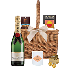 Moet Champagne, Scented Candle and Chocolates Gift in Wicker Double Bottle Carrier