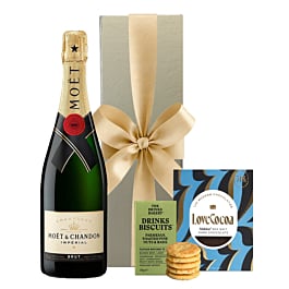 Moet Champagne Gift With Savoury Drinks Biscuits and Maldon Sea Salt Chocolate in Gold Gift Box