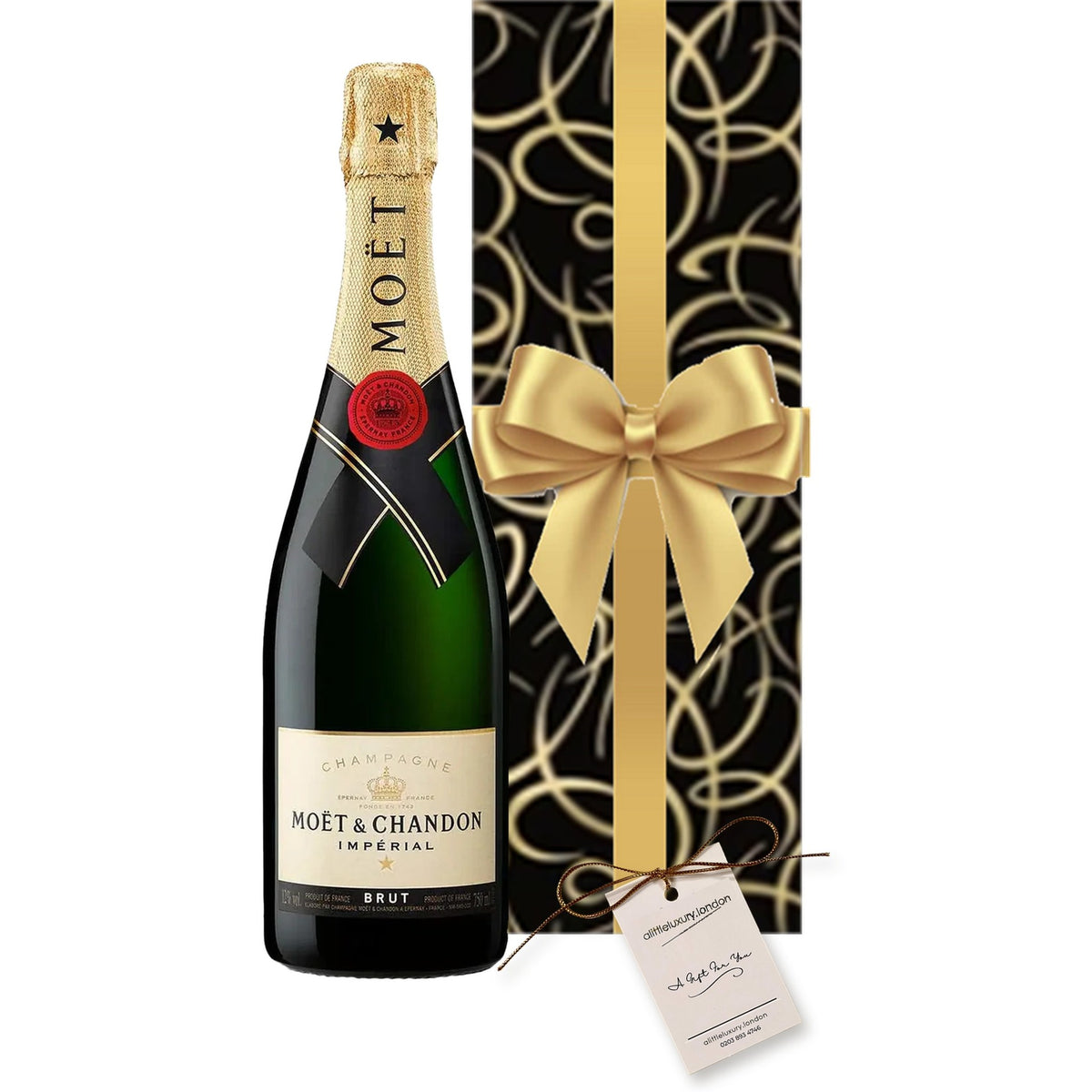 Moët Brut Impérial Champagne hand gift-wrapped in Smart Black & Gold Swirl wrap with an A Little Luxury gift tag
