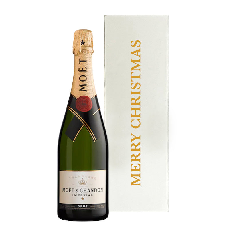 Moët & Chandon Impérial Champagne in a luxury white Merry Christmas gift box with large hand-tied ribbon