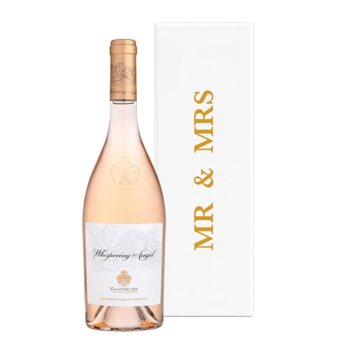 Mr and Mrs Whispering Angel rosé gift in a white presentation box with ribbon