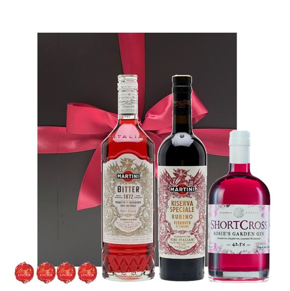 Negroni hamper: raspberry and strawberry gin, Martini Rubino and Martini Bitter with Swiss truffles and a black gift box
