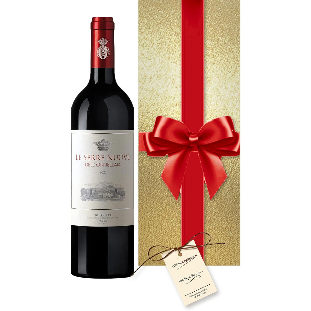 Ornellaia Le Serre Nuove, Bolgheri hand gift-wrapped in Classic Gold wrap with an A Little Luxury gift tag